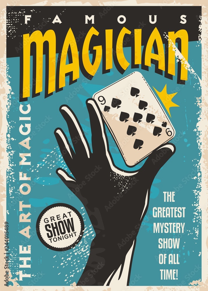 Magician poster design with hand silhouette and plating cards. Magic tricks show retro flyer template on blue background. Vector vintage illustration. - obrazy, fototapety, plakaty 