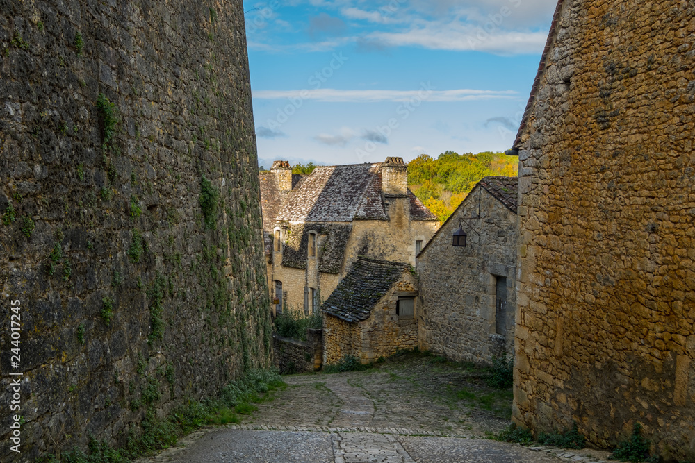 Street with historical houses in Beynac-et-Cazenac, Dordogne department, France Street with historical houses in Beynac-et-Cazenac, Dordogne department, France