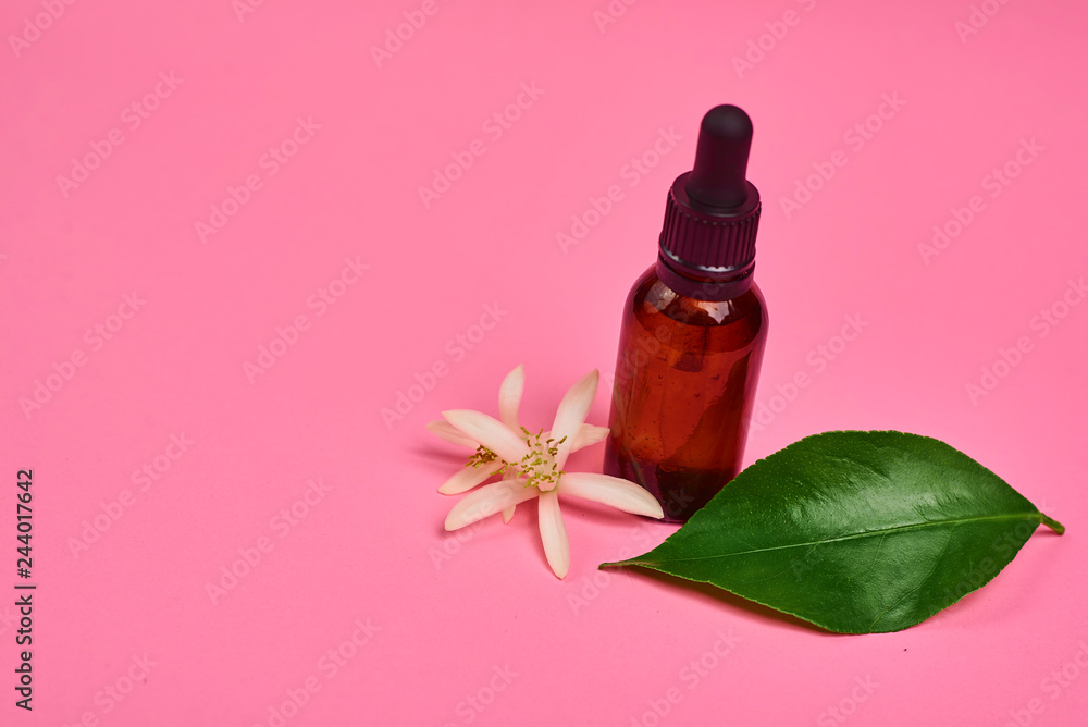 bottle of essential oil with flowers bottle of essential oil with flowers