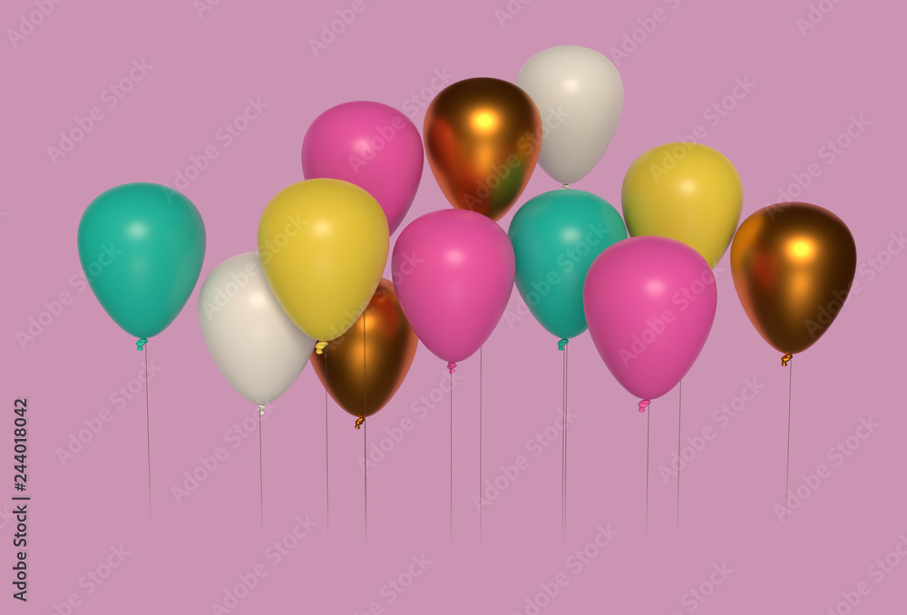 Festive balloons against a pink background for celebrations. 3D render/rendering