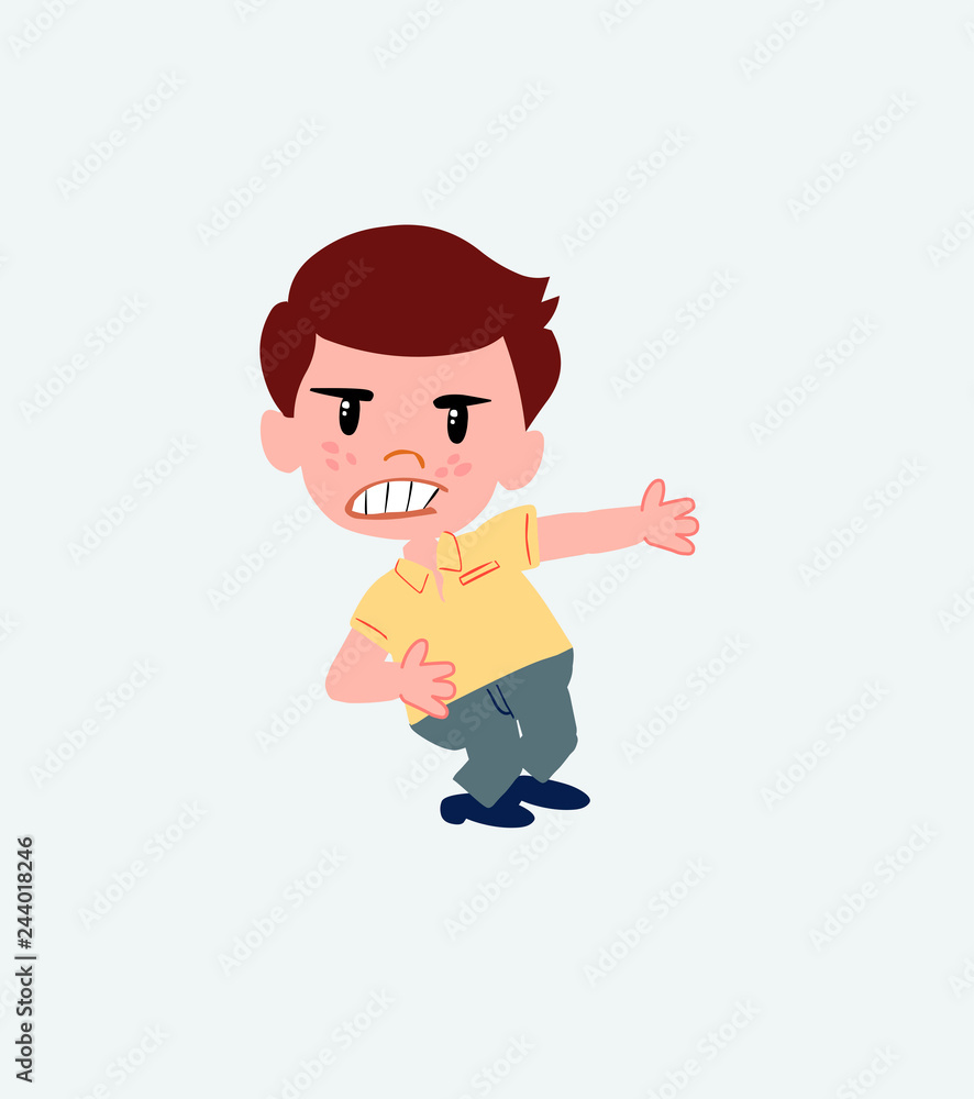 Businessman in casual style shows very angry something to his left.
