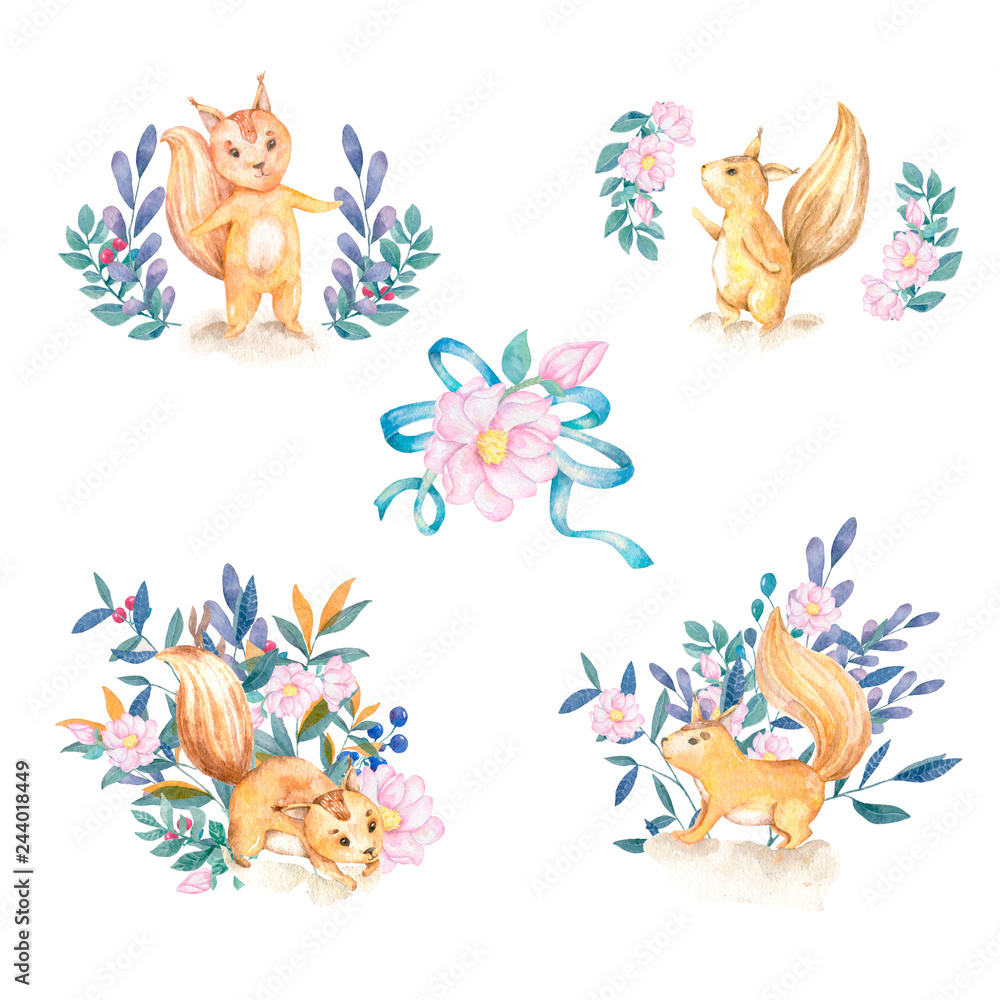 Watercolor style illustration of cartoon character. Squirrel set and flowers on white background Watercolor style illustration of cartoon character. Squirrel set and flowers on white background