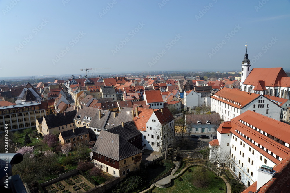 Torgau, Rundblick vom Schlossturm auf Stadt und Elbe 
