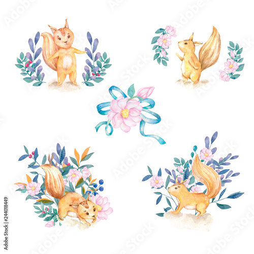 Watercolor style illustration of cartoon character. Squirrel set and flowers on white background