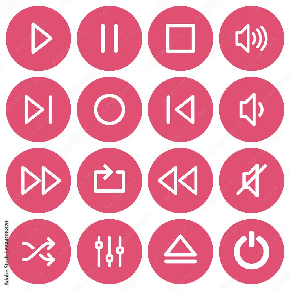 Set of 16 flat media player icons