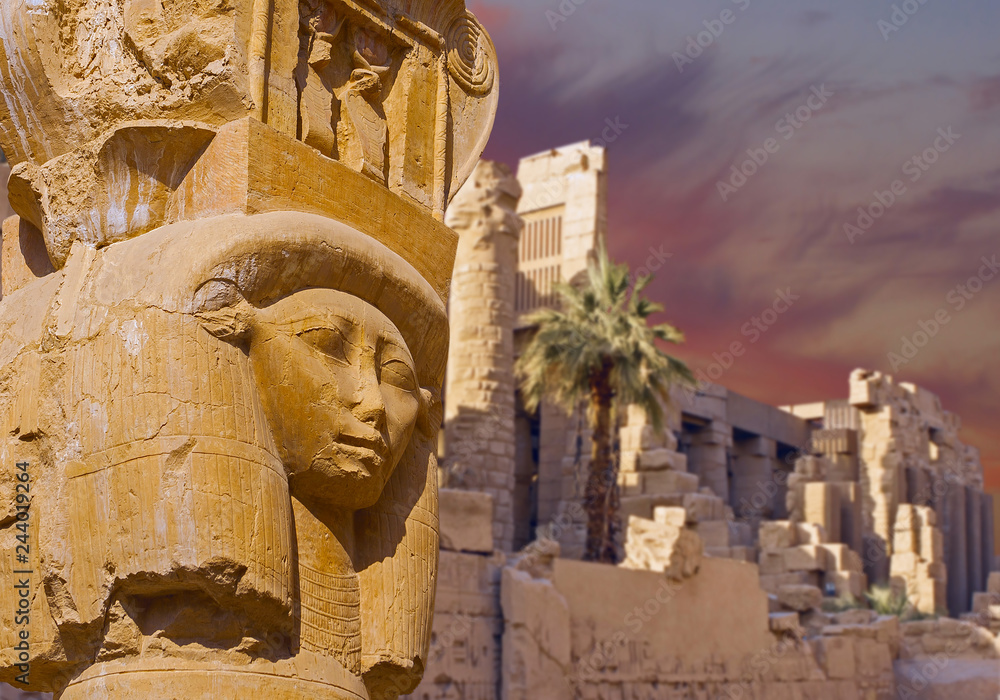 Karnak Temple, Colossal sculptures of ancient Egypt in the Nile Valley in Luxor, Embossed hieroglyphs on the wall	