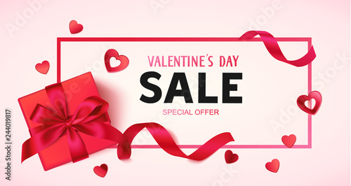 Valentine's day sale design template. Pink banner with gift box, red bow and decorative heart confetti. Vector illustration