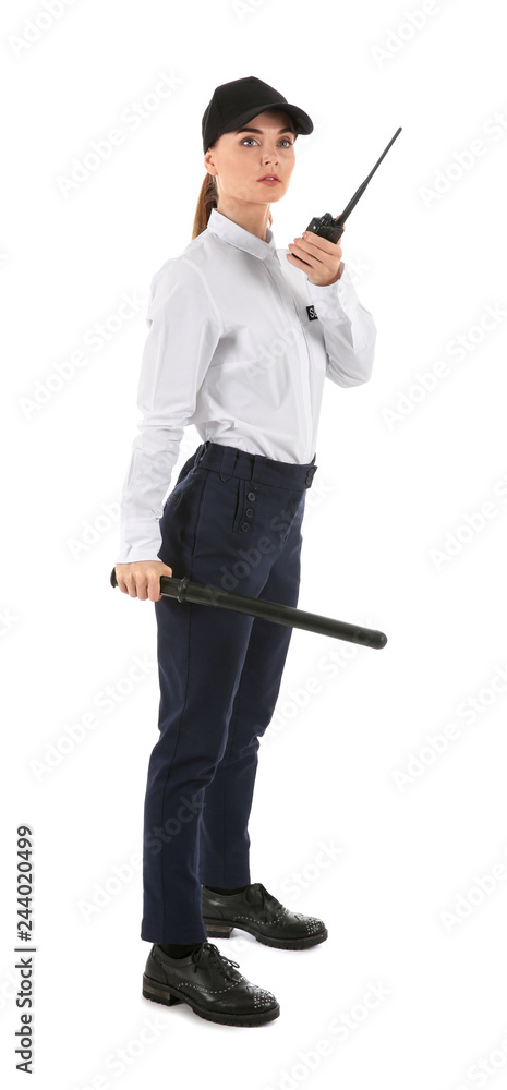 Female security guard with portable radio transmitter on white background Female security guard with portable radio transmitter on white background