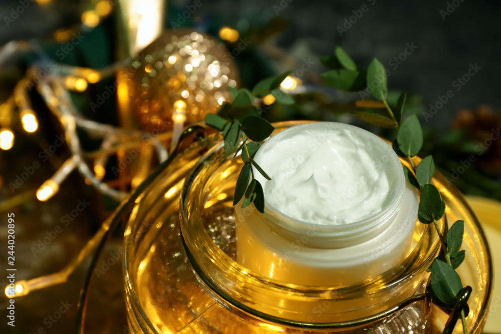 Lantern with jar of cream, closeup Lantern with jar of cream, closeup