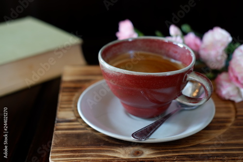 hot coffee on wooden