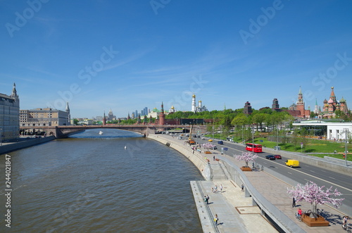 Moscow, Russia - may 12, 2018: View of Moskvoretskaya embankment, Moscow Kremlin and Big Moskvoretsky bridge on a Sunny spring day