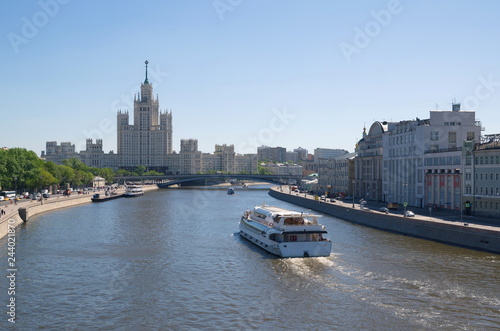 Spring view of Moskvoretskaya, Raushskaya embankments and high-rise building on Kotelnicheskaya embankment in Moscow, Russia