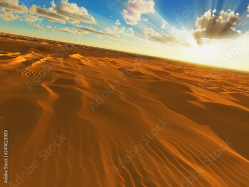 Tilted desert horizon 3d rendering with light rays background