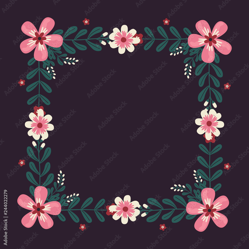 Floral greeting card and invitation template for wedding or birthday anniversary, Vector square shape of text box label and frame, Pink flowers wreath ivy style with branch and leaves.