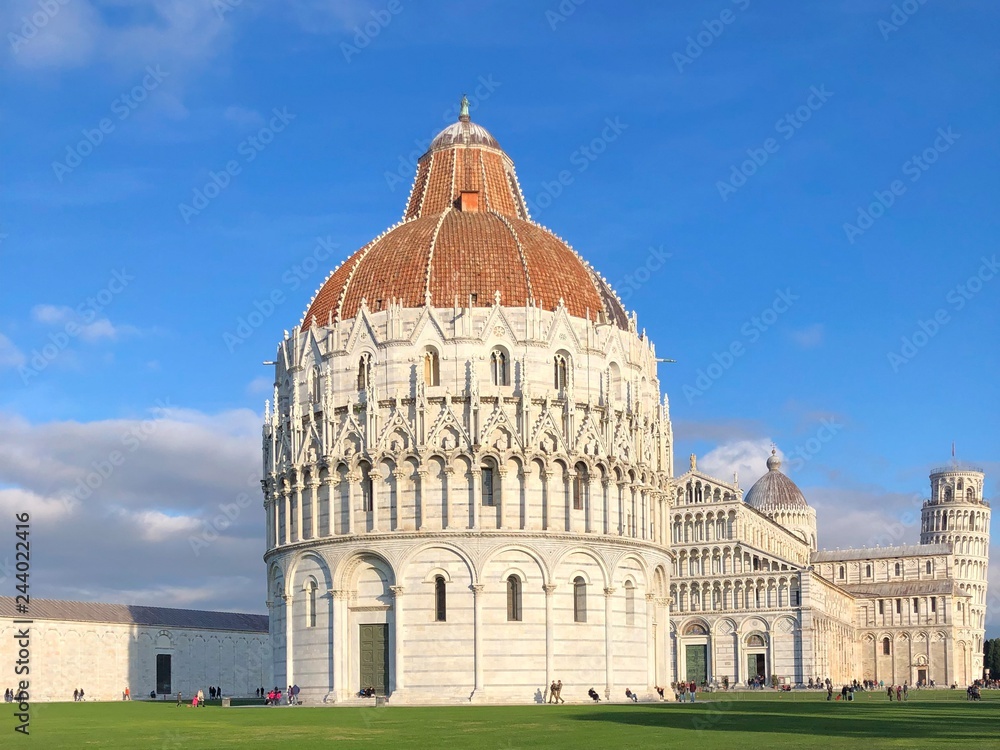 Square of Miracles, Piazza dei Miracoli Pisa, Italy on a sunny day. Leaning tower of Pisa 