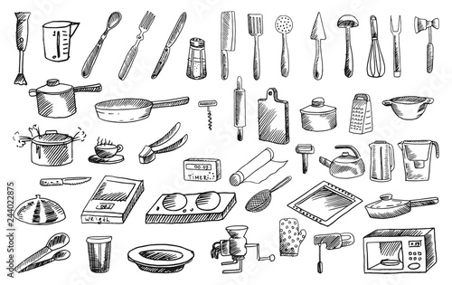 Collection of doodle hand drawn vector illustraions of kitchen stuff idolated on white background. Cooking equipment set