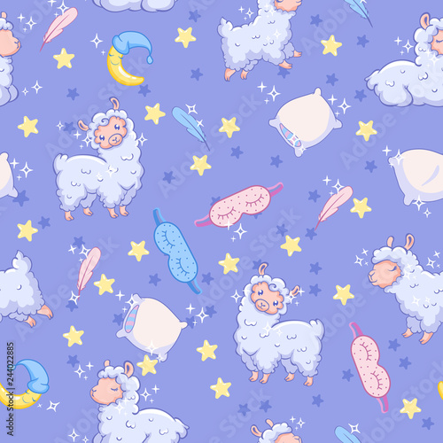 vector seamless pattern with sheep, sleep mask, pillow, crescent. Can be used for print design, gift paper, kids wear, website, celebration greeting, postcard, sticker, t-shirt, mug and other design.