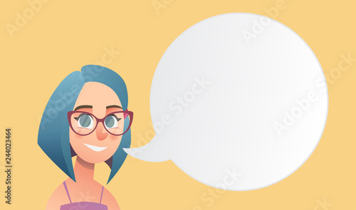 Girl with short blue hair in cartoon style with speeech bubble. Beautiful vector flat design set template. Flyer nd site elements.