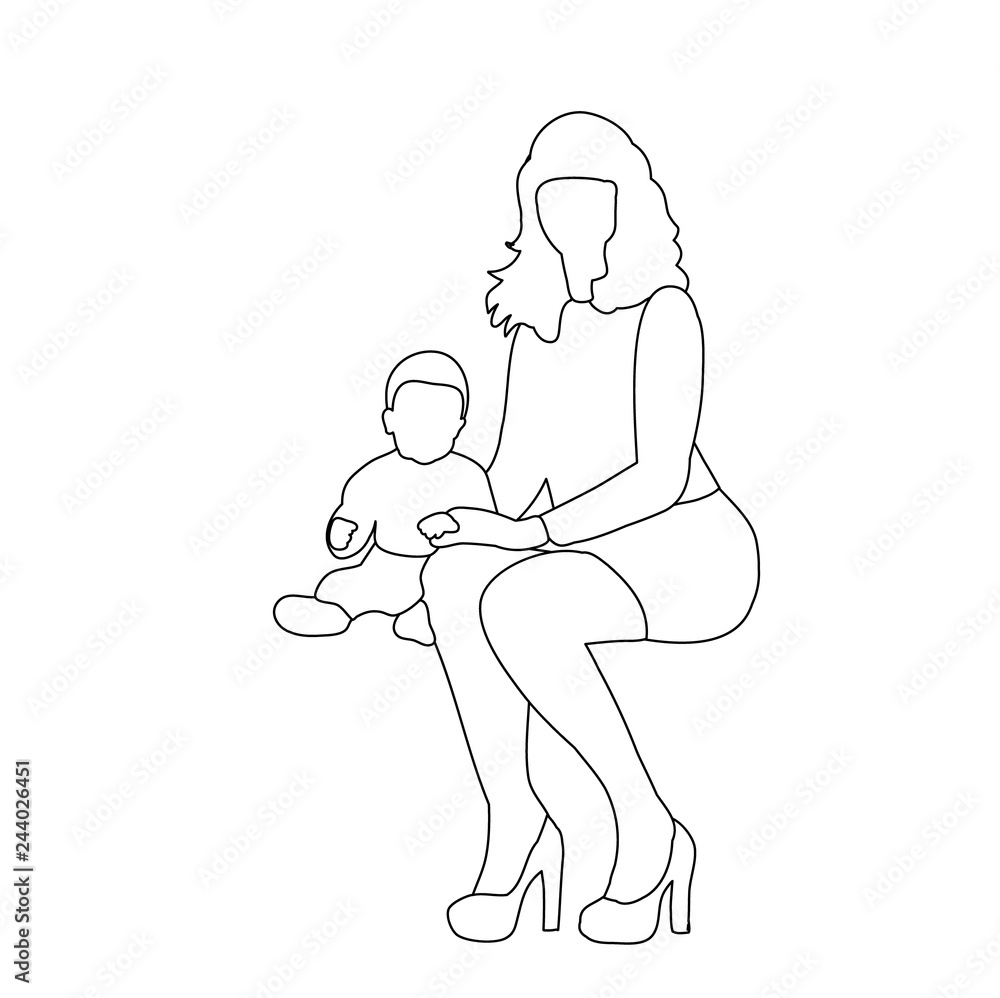 sketch, contour mom and child are sitting