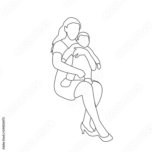  isolated  sketch  contour mom and child are sitting