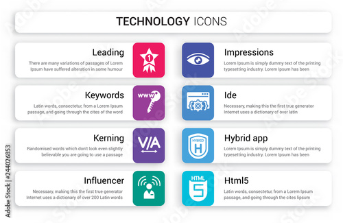 Set of 8 white technology icons such as Leading, Keywords, Kerning, Influencer, Impressions, IDE isolated on colorful background
