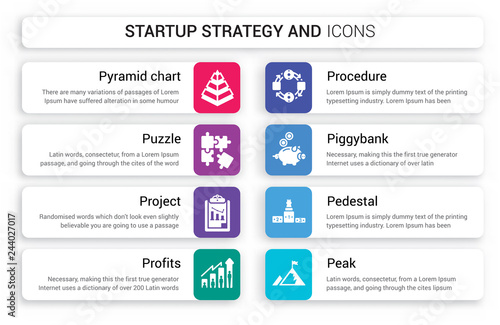 Set of 8 white startup strategy and icons such as Pyramid chart, Puzzle, Project, Profits, Procedure, Piggybank isolated on colorful background