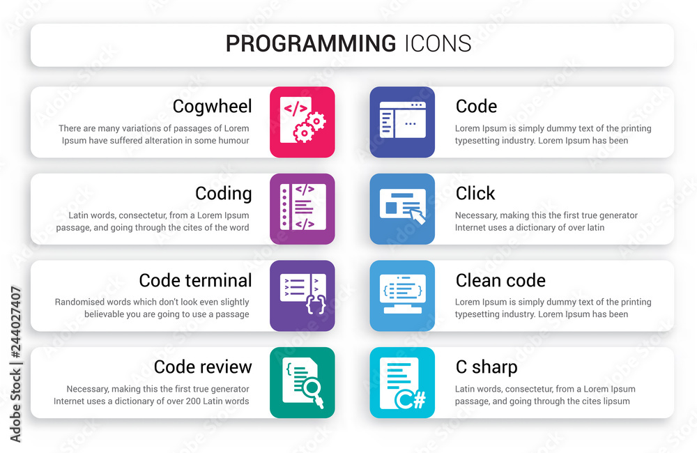 Foto Set of 8 white programming icons such as Cogwheel, Coding, Code terminal, review