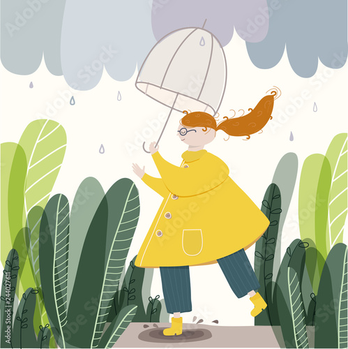 Vector illustration of cute happy girl female with red hair wearing yellow raincoat and boots walking with umbrella in a rainy day in autumn. Poster, decor of nursery room, kids wear design.