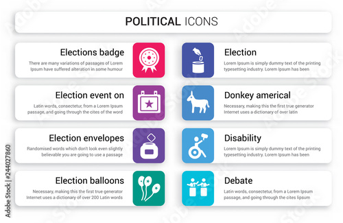 Set of 8 white political icons such as Elections badge with a star, Election event on calendar envelopes and box, balloons couple isolated colorful background