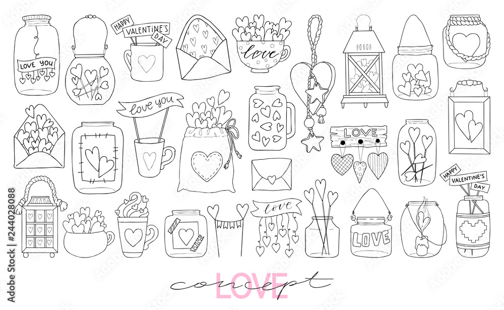 Big set of hand drawn vector illustration of a mason jar, love letter, topper, pouch, mug, decorative toy, lantern with hearts and inscriptions love you, candle, wedding and romance concept Big set of hand drawn vector illustration of a mason jar, love letter, topper, pouch, mug, decorative toy, lantern with hearts and inscriptions love you, candle, wedding and romance concept