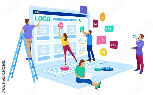 Web development. Project team of engineers for website create. Webpage building. UI UX design. Characters on a concept. Web agency. Template for programmer or designer. Vector illustration. photo