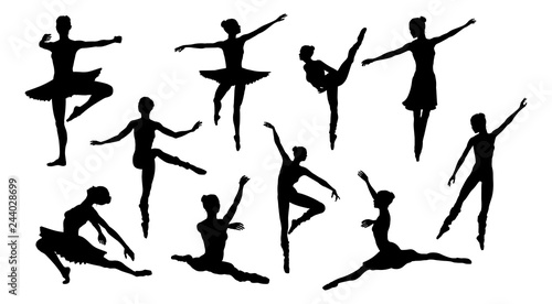 Silhouettes of a ballet dancer dancing in various poses and positions