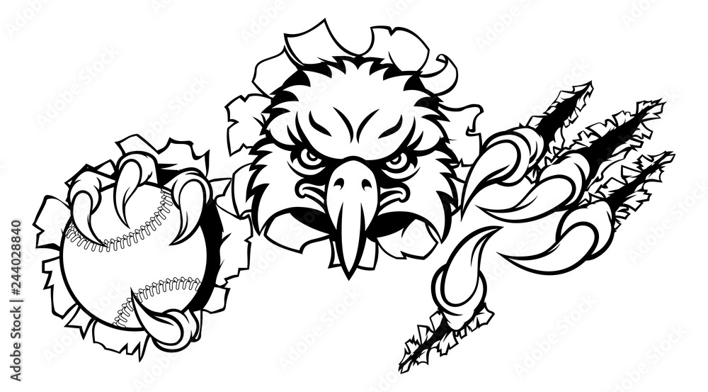 An eagle bird baseball sports mascot cartoon character ripping through the background holding a ball An eagle bird baseball sports mascot cartoon character ripping through the background holding a ball
