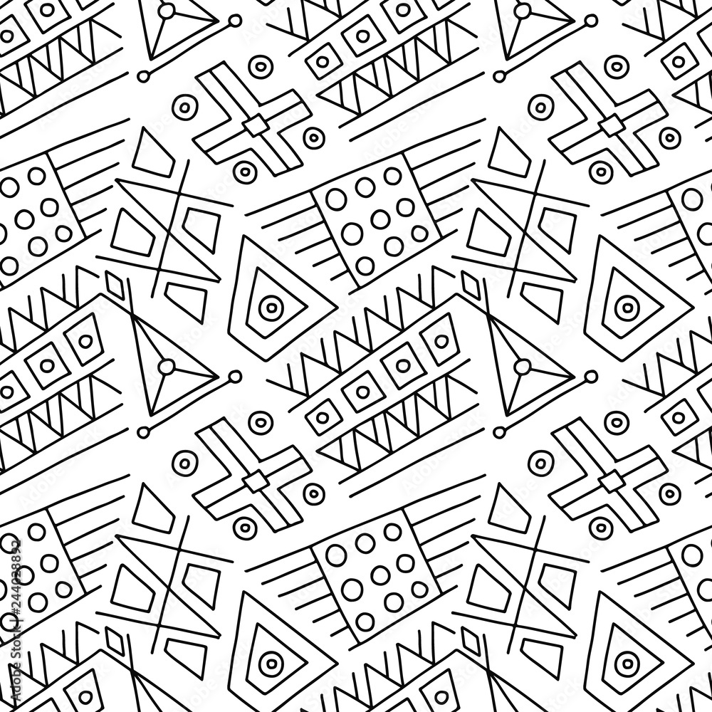 Seamless vector pattern, black and white lined asymmetric geometric background with rhombus, triangles. Print for decor, wallpaper, packaging, wrapping, fabric. graphic design. Line drawing