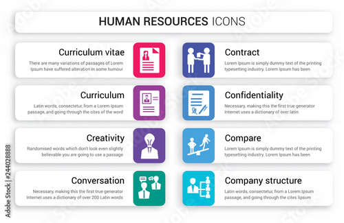 Set of 8 white human resources icons such as Curriculum vitae, Curriculum, Creativity, Conversation, Contract, Confidentiality agreement isolated on colorful background