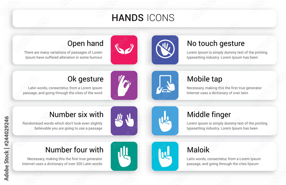 Φωτογραφία Set of 8 white hands icons such as Open hand, Ok gesture, Number six with finger