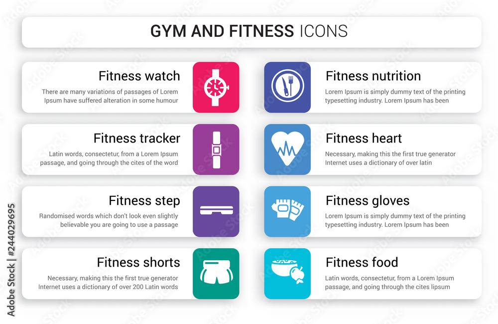 Φωτογραφία Set of 8 white gym and fitness icons such as Watch, Fitness Tracker, Step, Short