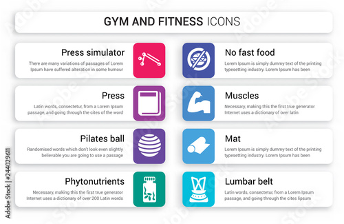 Set of 8 white gym and fitness icons such as Press Simulator, Press, Pilates ball, Phytonutrients, No Fast Food, Muscles isolated on colorful background