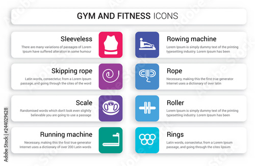 Set of 8 white gym and fitness icons such as Sleeveless, Skipping Rope, Scale, Running Machine, Rowing Rope isolated on colorful background