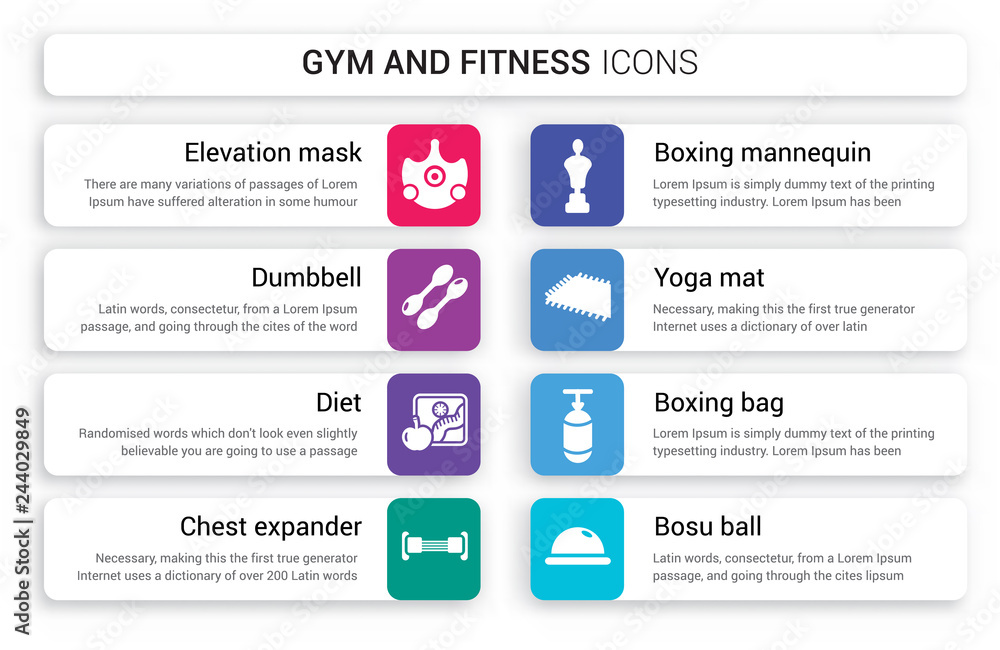 Φωτογραφία Set of 8 white gym and fitness icons such as Elevation mask, Dumbbell, Diet, Che