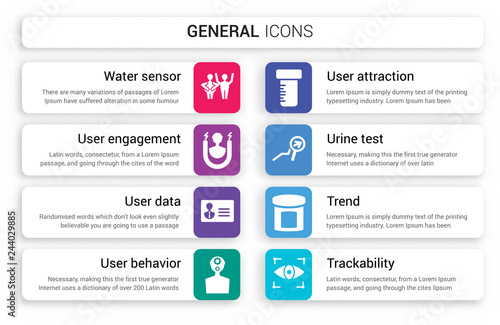 Set of 8 white general icons such as water sensor, user engagement, data, behavior, attraction, urine test isolated on colorful background