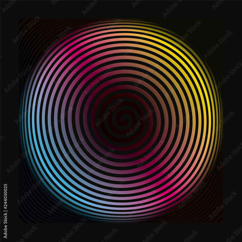 Obraz premium Colored spiral background pattern. Rainbow colored tunnel ending in dark infinity. Geometric vector illustration