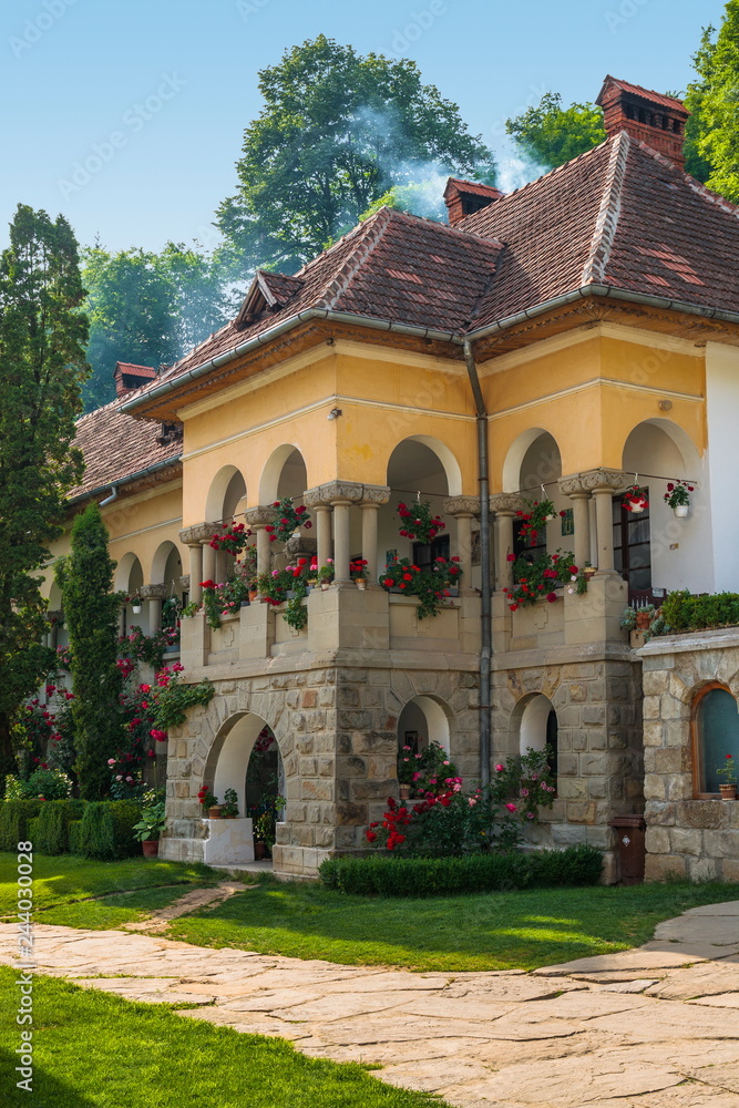 Traditional Romanian architecture building, part of the Turnu Monastery establishment, one of the most sacred Christian monastic dwellings, situated in Cozia Mountains, Valcea county, Romania.