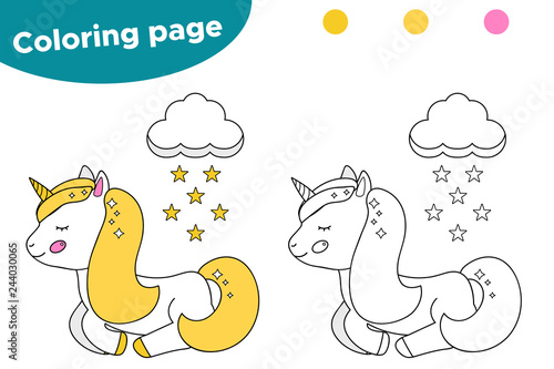 Coloring page for preschool kids. Cute cartoon unicorn is sleeping. Stars rain. Vector illustration.