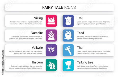 Set of 8 white fairy tale icons such as Viking, Vampire, Valkyrie, Unicorn, Troll, toad isolated on colorful background