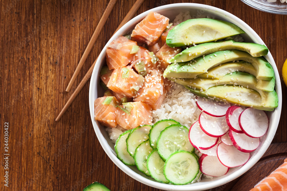 Poke bowl, traditional Hawaiian raw fish salad Poke bowl, traditional Hawaiian raw fish salad