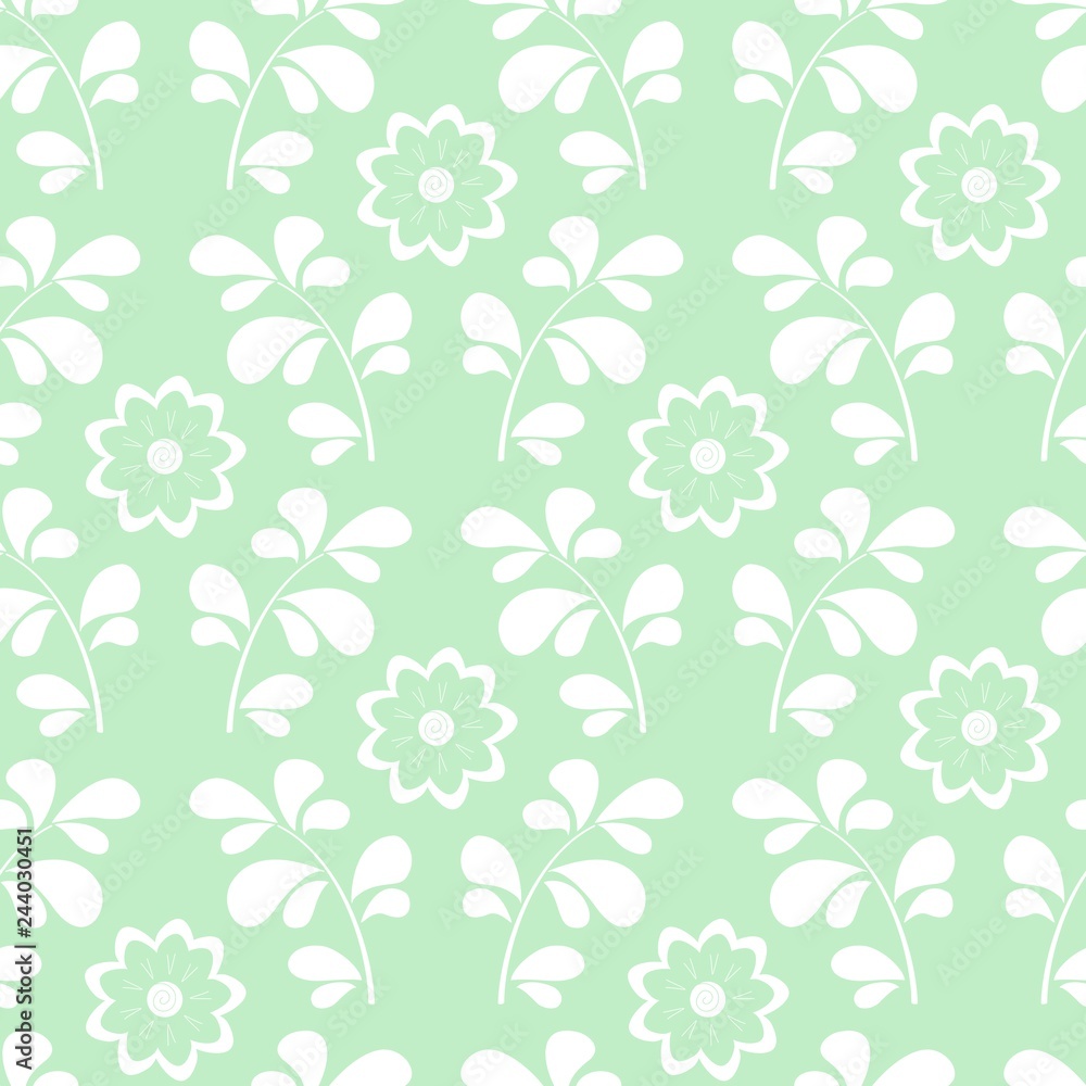 Trendy modern damask floral pattern, white hand drawn elements on pastel green background. Vector seamless pattern tile in two colors. Trendy modern damask floral pattern, white hand drawn elements on pastel green background. Vector seamless pattern tile in two colors.
