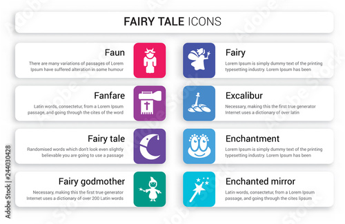 Set of 8 white fairy tale icons such as Faun, Fanfare, Fairy tale, godmother, Fairy, Excalibur isolated on colorful background
