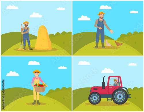 Farmer Feeding Hens on Field Vector Illustration