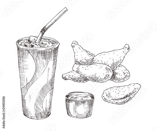 Cola paper cup with chicken wings monochrome icon